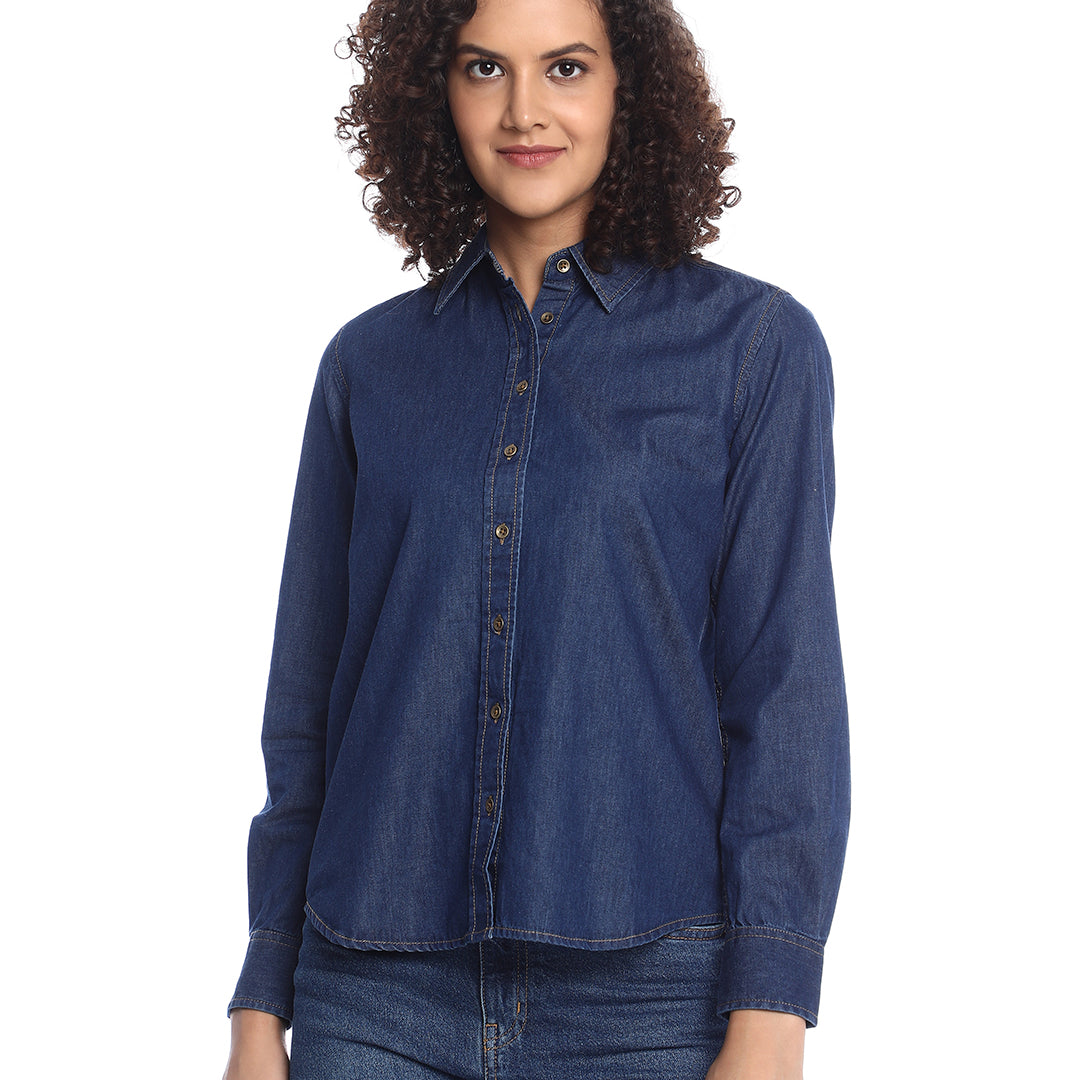 Banita Medium Blue Denim Drop Shoulder Shirt for Women - Paris Fit from GAZILLION - Front Look