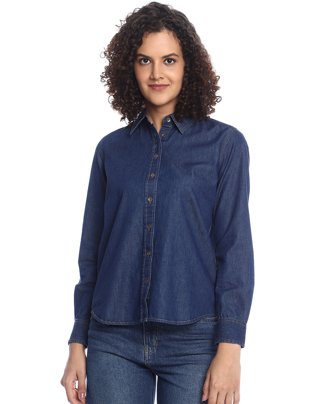 Banita Medium Blue Denim Drop Shoulder Shirt for Women - Paris Fit from GAZILLION - Front Look