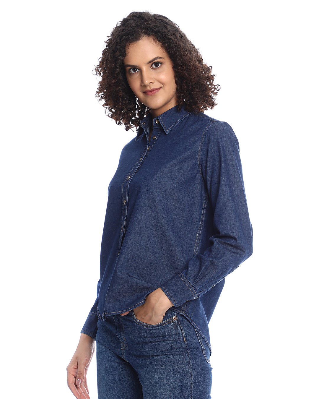 Banita Medium Blue Denim Drop Shoulder Shirt for Women - Paris Fit from GAZILLION - Left Side Look