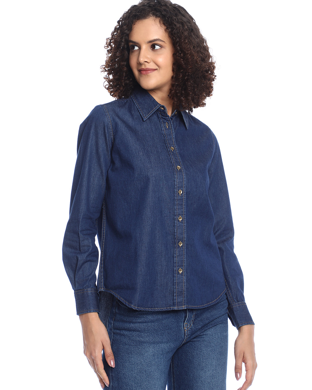Banita Medium Blue Denim Drop Shoulder Shirt for Women - Paris Fit from GAZILLION - Right Side Look