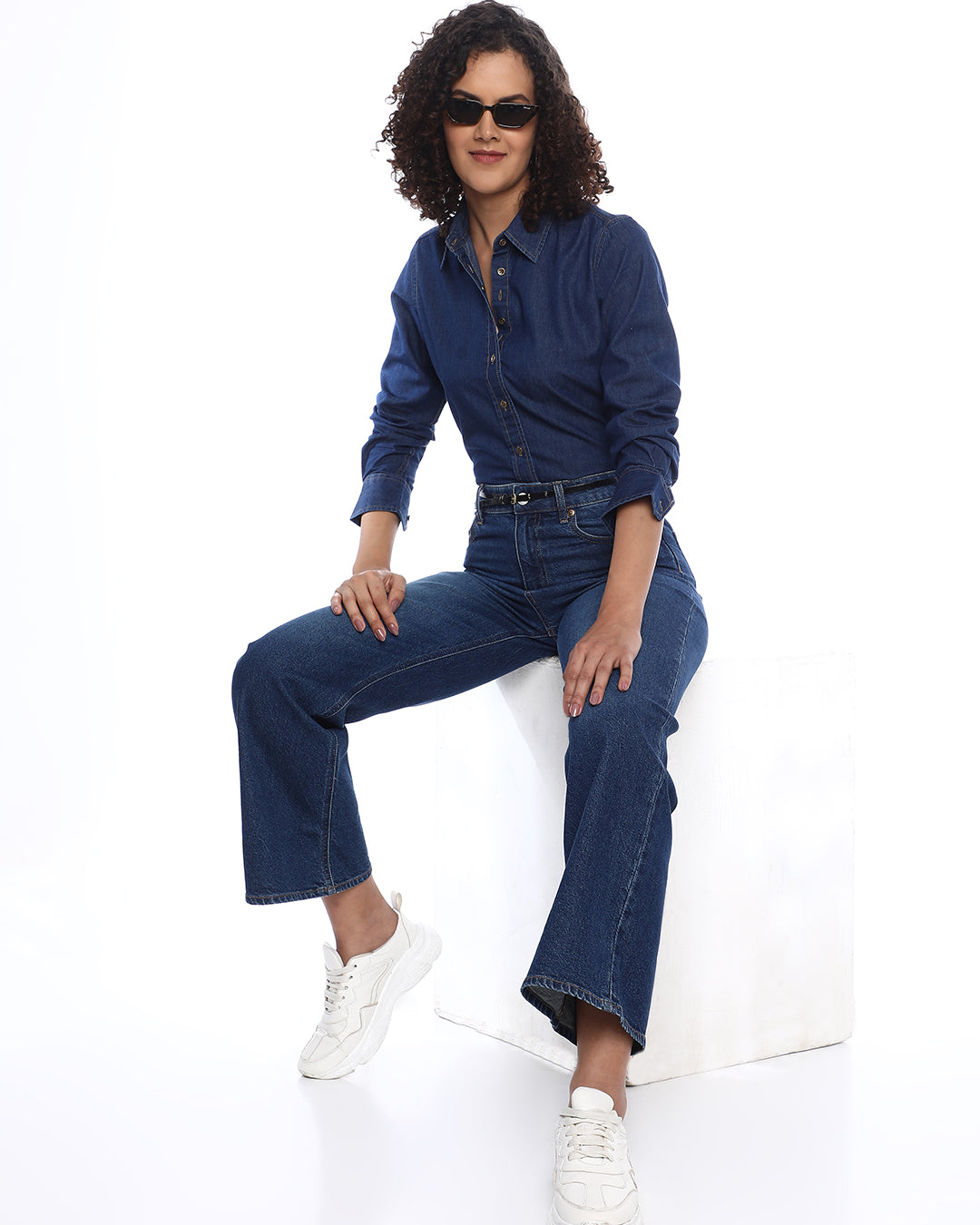 Banita Medium Blue Denim Drop Shoulder Shirt for Women - Paris Fit from GAZILLION - Stylised Seated Look