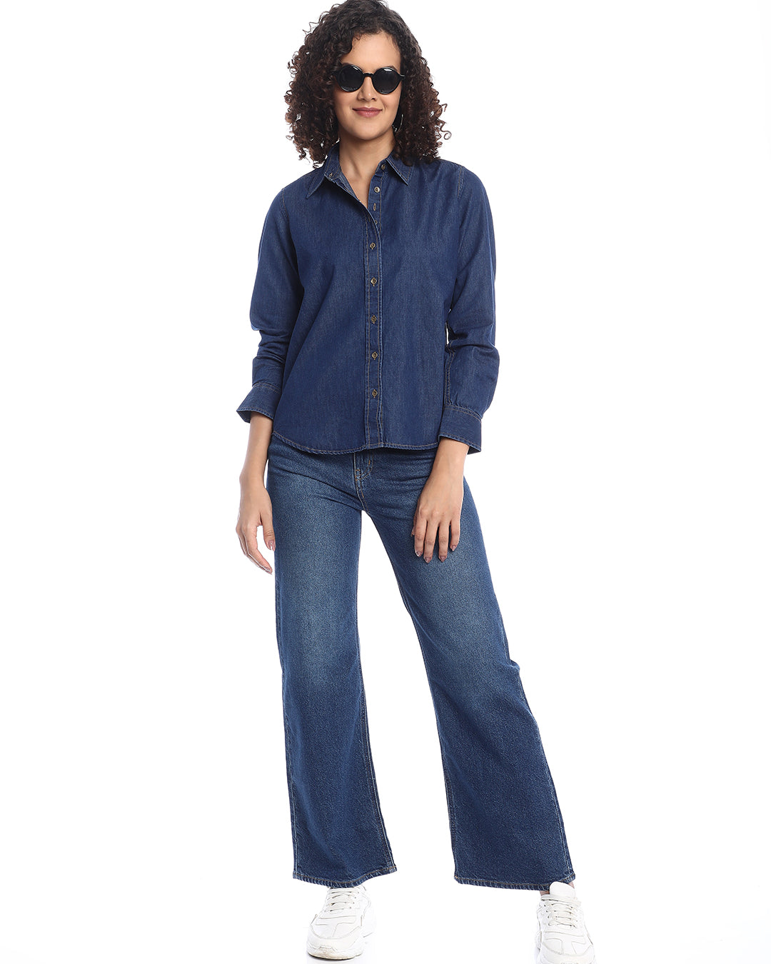 Banita Medium Blue Denim Drop Shoulder Shirt for Women - Paris Fit from GAZILLION - Stylised Standing Look