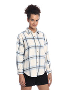 Barbara Powder Blue Brushed Cotton Checks Drop Shoulder Shirt for Women - Paris Fit from GAZILLION - Right Side Look