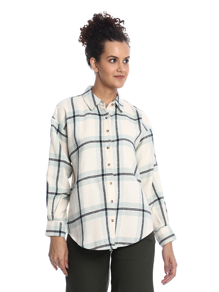 Barbara Sage Green Brushed Cotton Checks Drop Shoulder Shirt for Women - Paris Fit from GAZILLION - Front Look