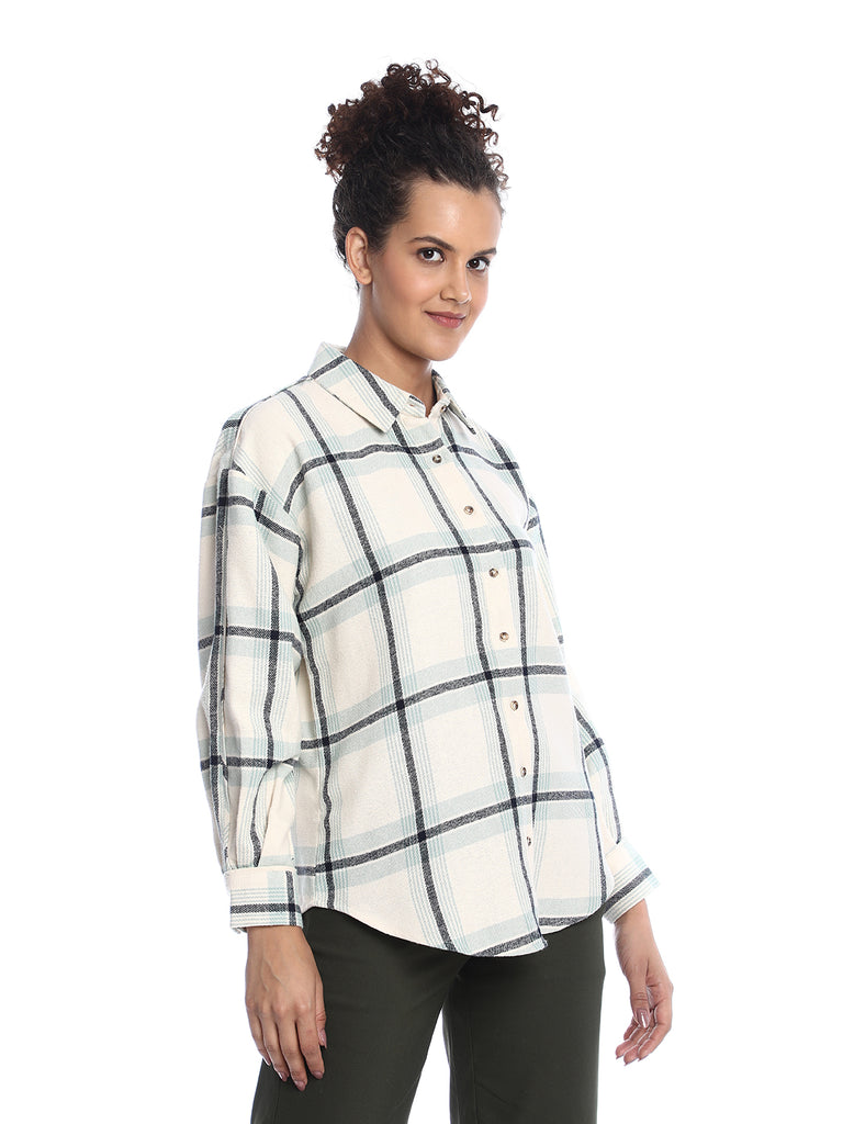 Barbara Sage Green Brushed Cotton Checks Drop Shoulder Shirt for Women - Paris Fit from GAZILLION - Right Side Look