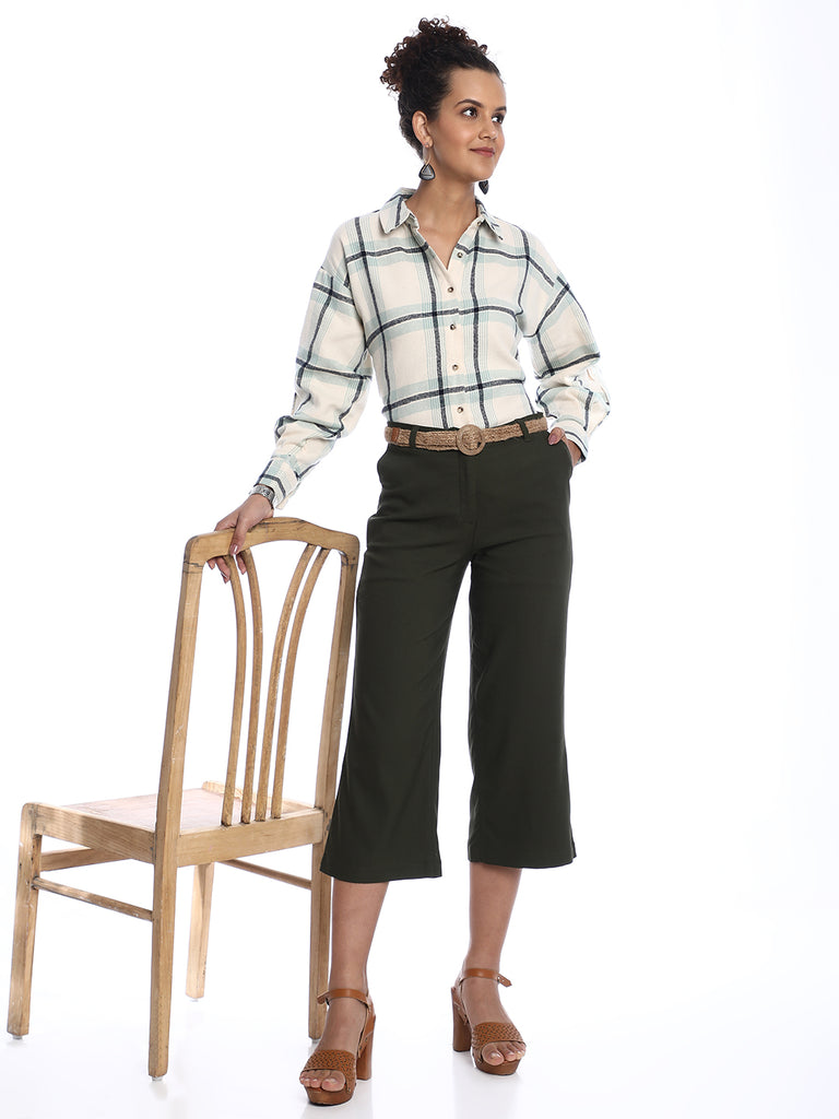 Barbara Sage Green Brushed Cotton Checks Drop Shoulder Shirt for Women - Paris Fit from GAZILLION - Stylised Look