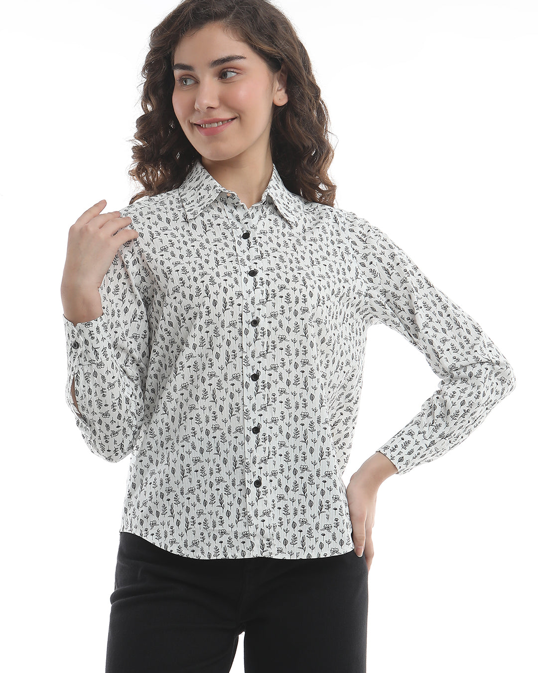 Barilla Black & White Floral Print Cotton Shirt for Women - Zurich Fit from GAZILLION - Front Detail