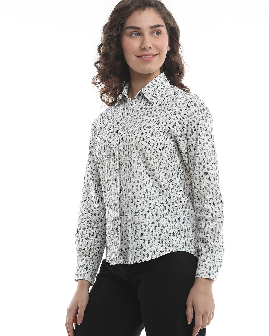 Barilla Black & White Floral Print Cotton Shirt for Women - Zurich Fit from GAZILLION - Left Side Look