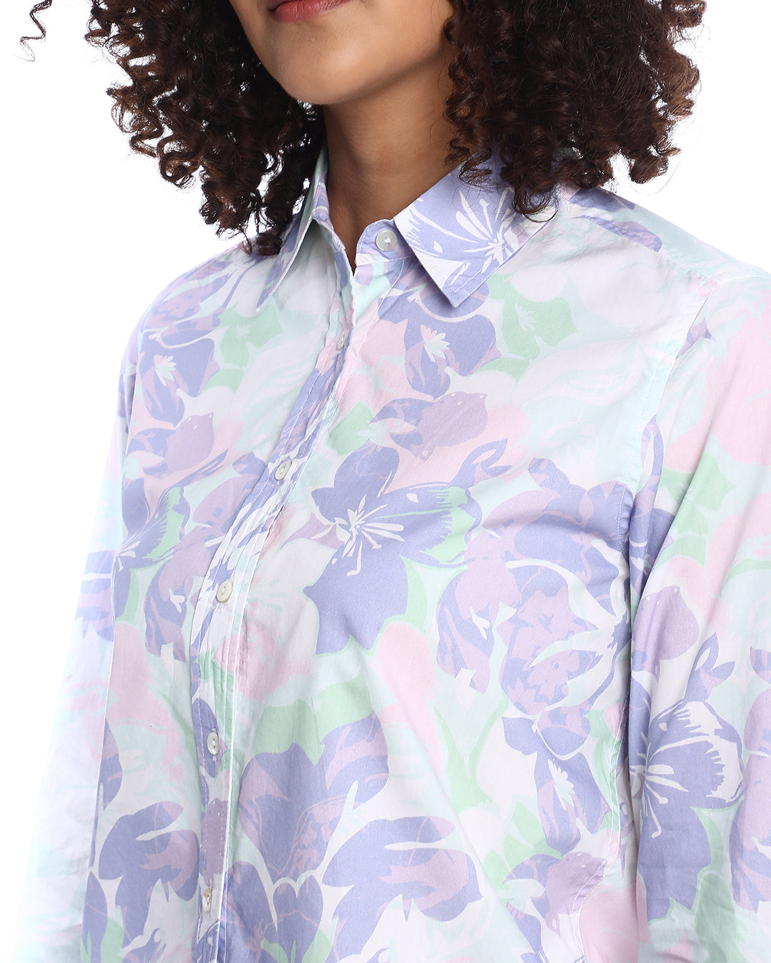 Beaa Mint & Lavendar Floral Print Cotton Shirt for Women - Zurich Fit from GAZILLION - Front Detail