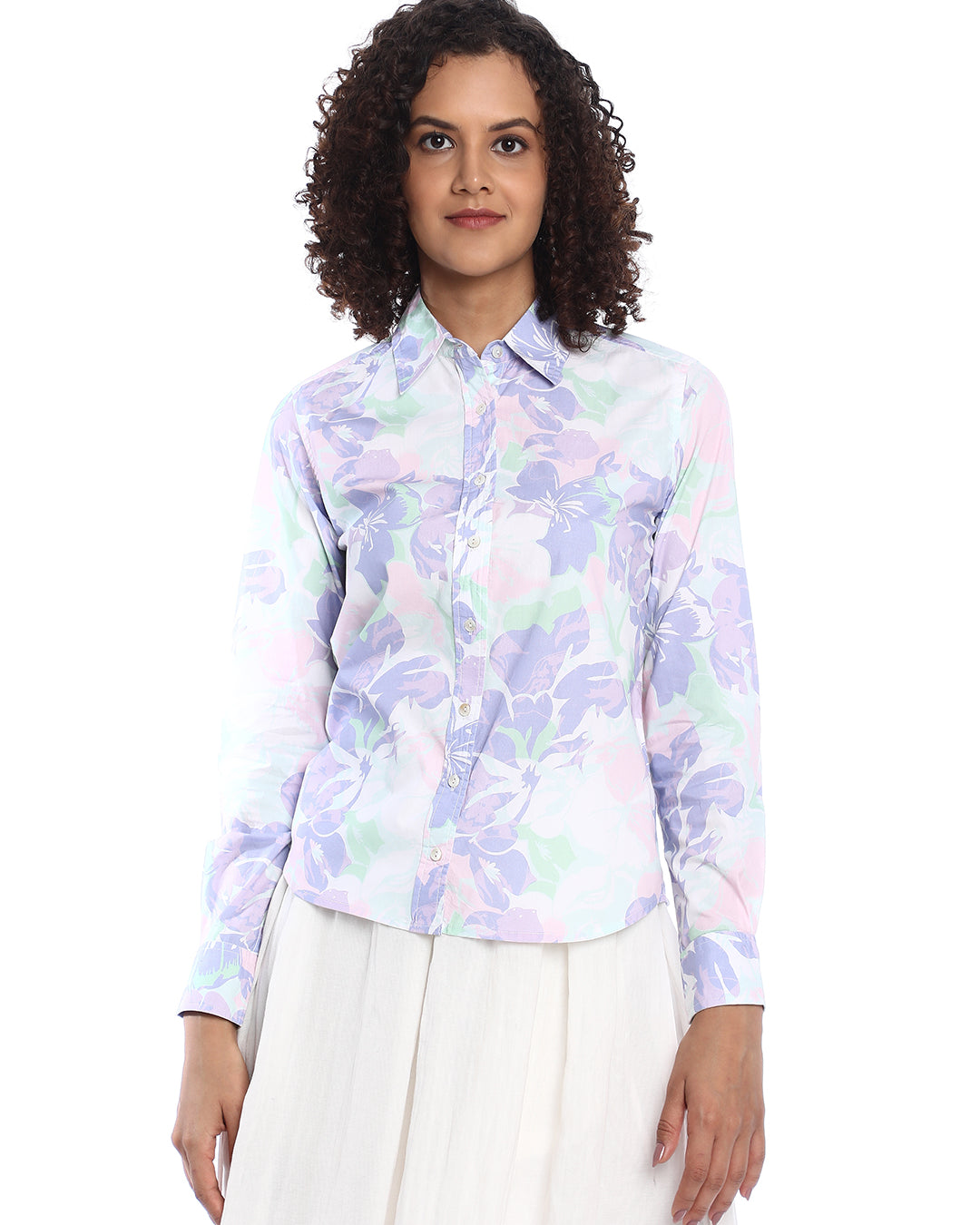 Beaa Mint & Lavendar Floral Print Cotton Shirt for Women - Zurich Fit from GAZILLION - Front Look
