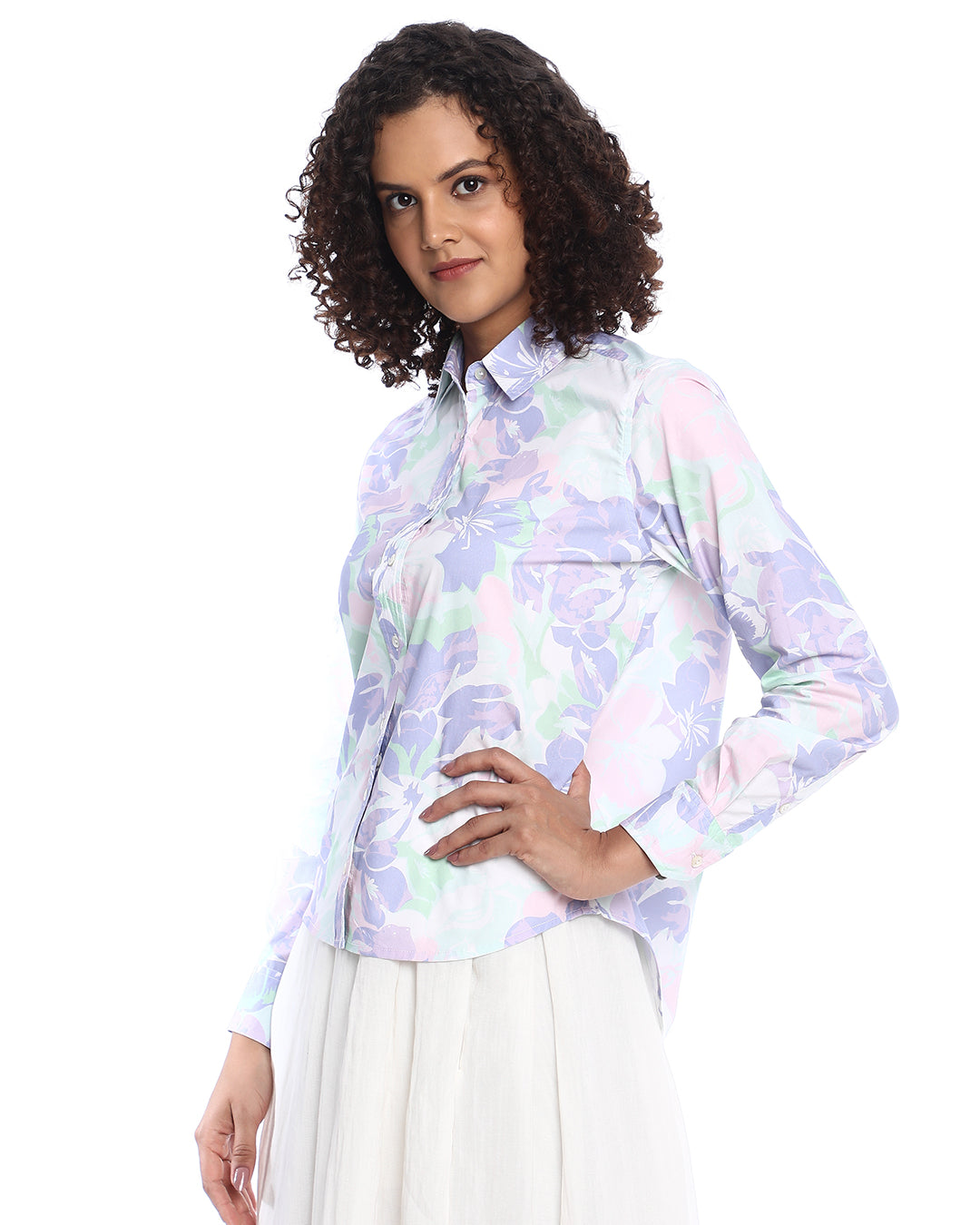 Beaa Mint & Lavendar Floral Print Cotton Shirt for Women - Zurich Fit from GAZILLION - Left Side Look