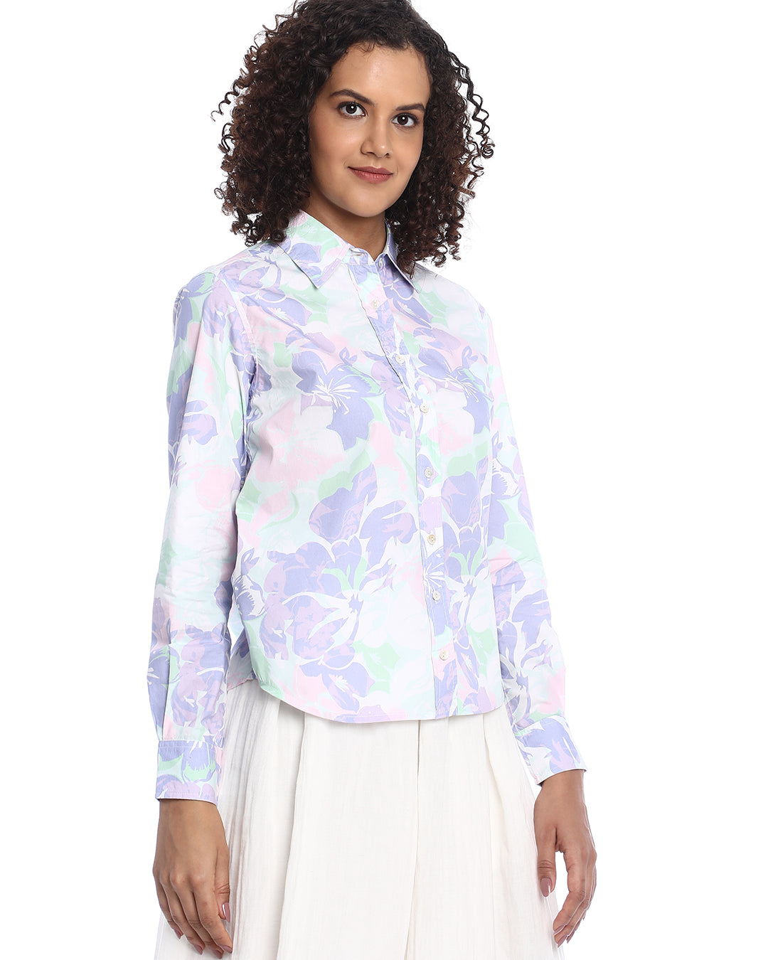 Beaa Mint & Lavendar Floral Print Cotton Shirt for Women - Zurich Fit from GAZILLION - Right Side Look