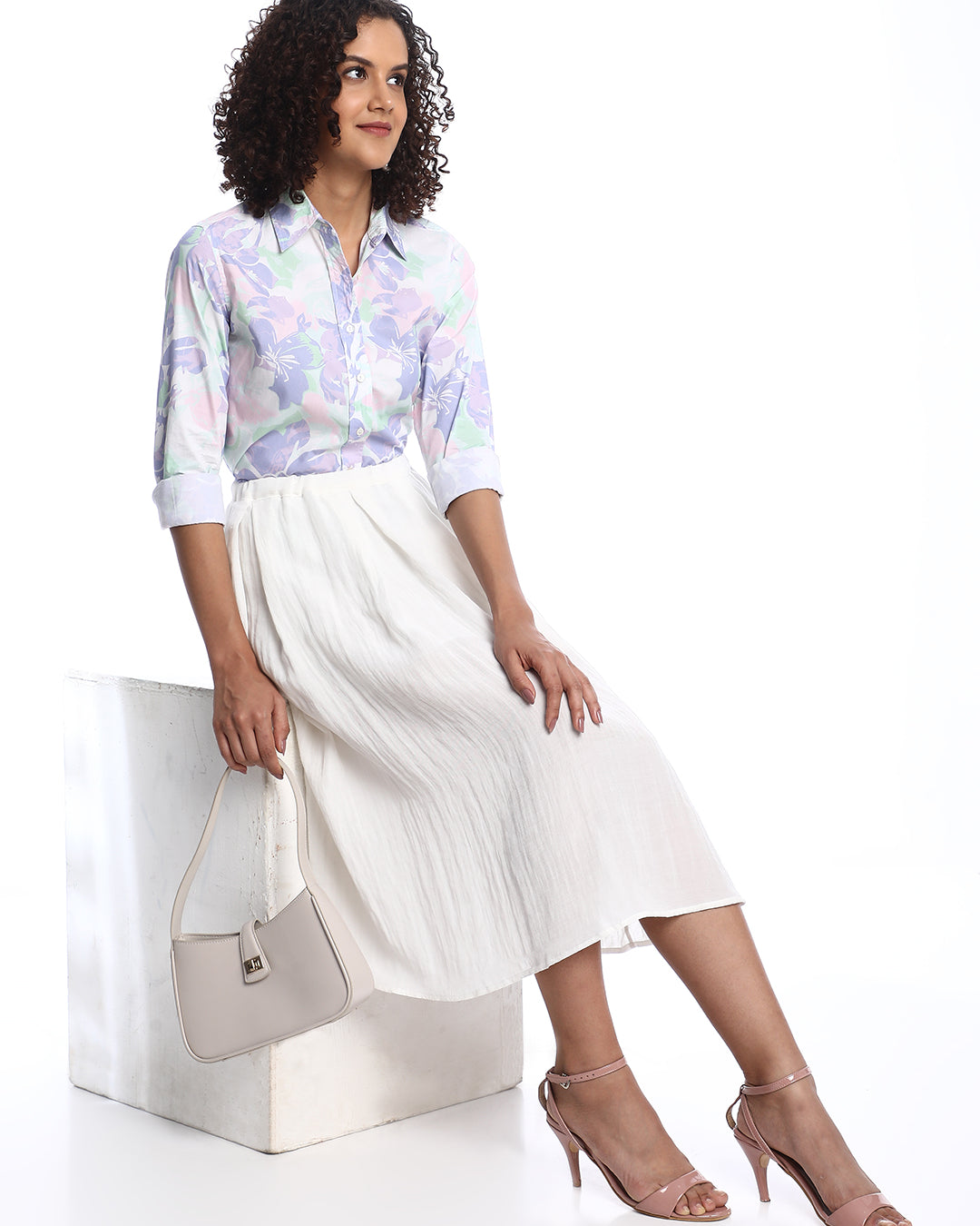 Beaa Mint & Lavendar Floral Print Cotton Shirt for Women - Zurich Fit from GAZILLION - Stylised Seated Look