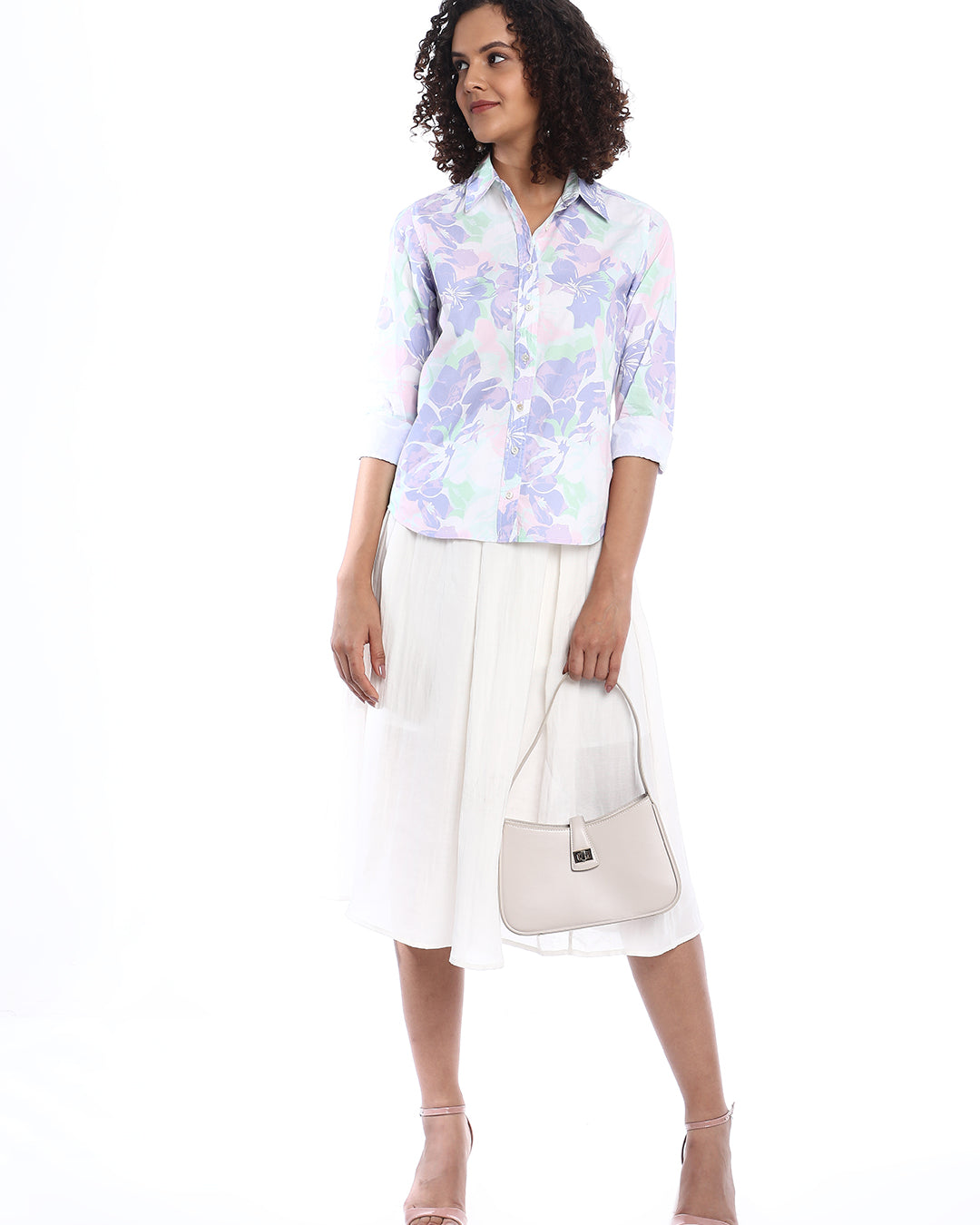 Beaa Mint & Lavendar Floral Print Cotton Shirt for Women - Zurich Fit from GAZILLION - Stylised Standing Look