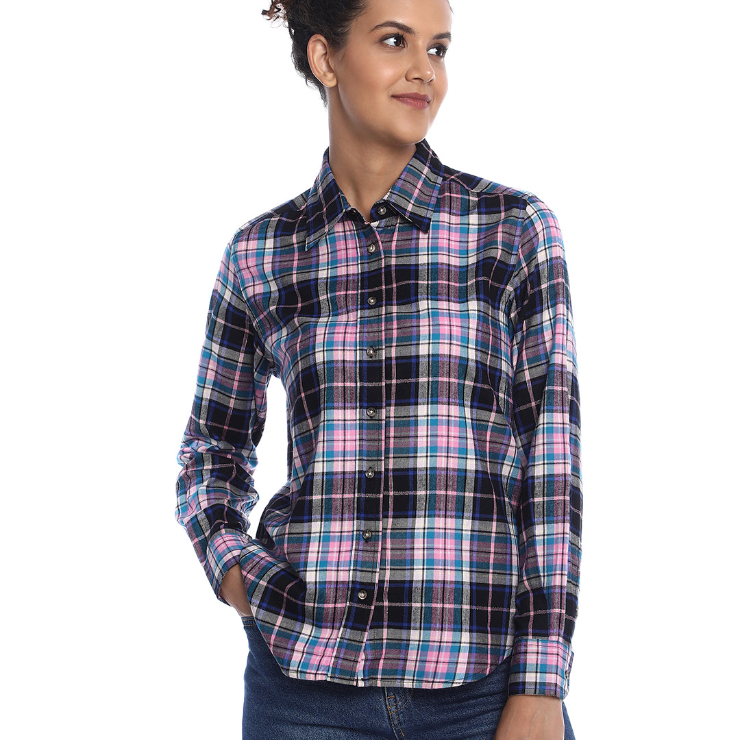 Beauty Pink & Black Checks Soft Cotton Modal Shirt for Women - Zurich Fit from GAZILLION - Front Look