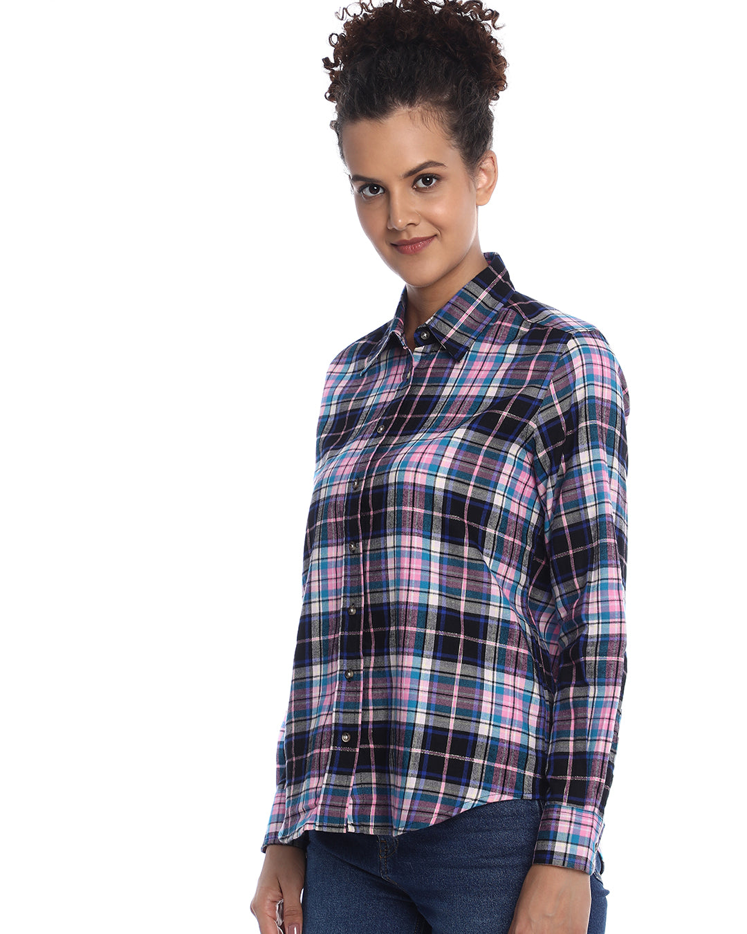 Beauty Pink & Black Checks Soft Cotton Modal Shirt for Women - Zurich Fit from GAZILLIION - Left Side Look
