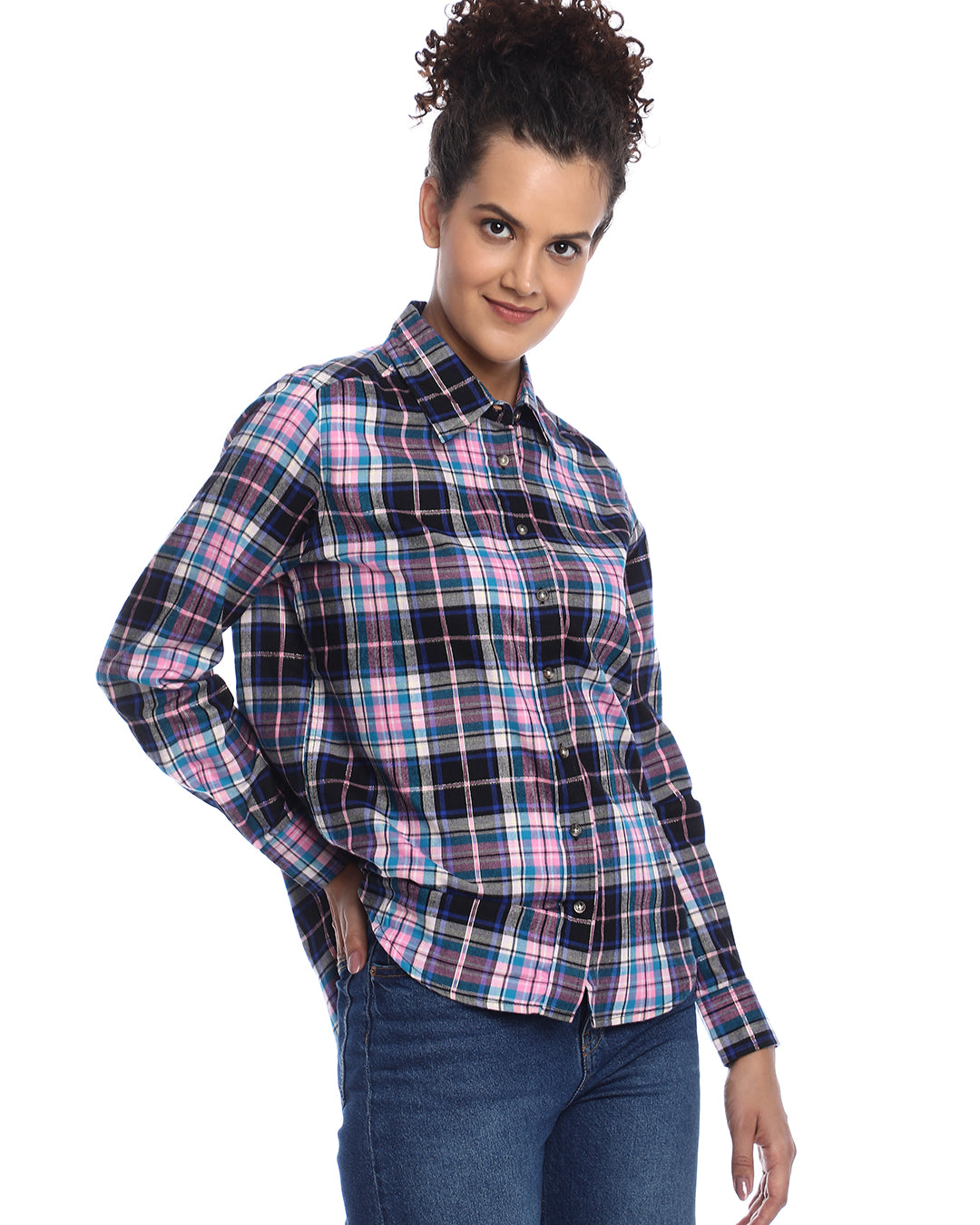 Beauty Pink & Black Checks Soft Cotton Modal Shirt for Women - Zurich Fit from GAZILLION - Right Side Look