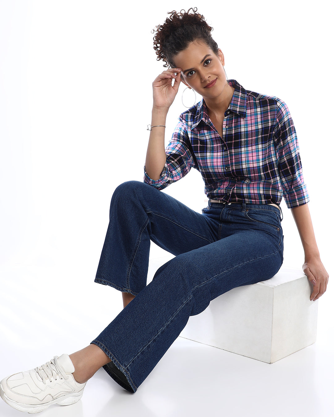Beauty Pink & Black Checks Soft Cotton Modal Shirt for Women - Zurich Fit from GAZILLION - Stylised Seated Look