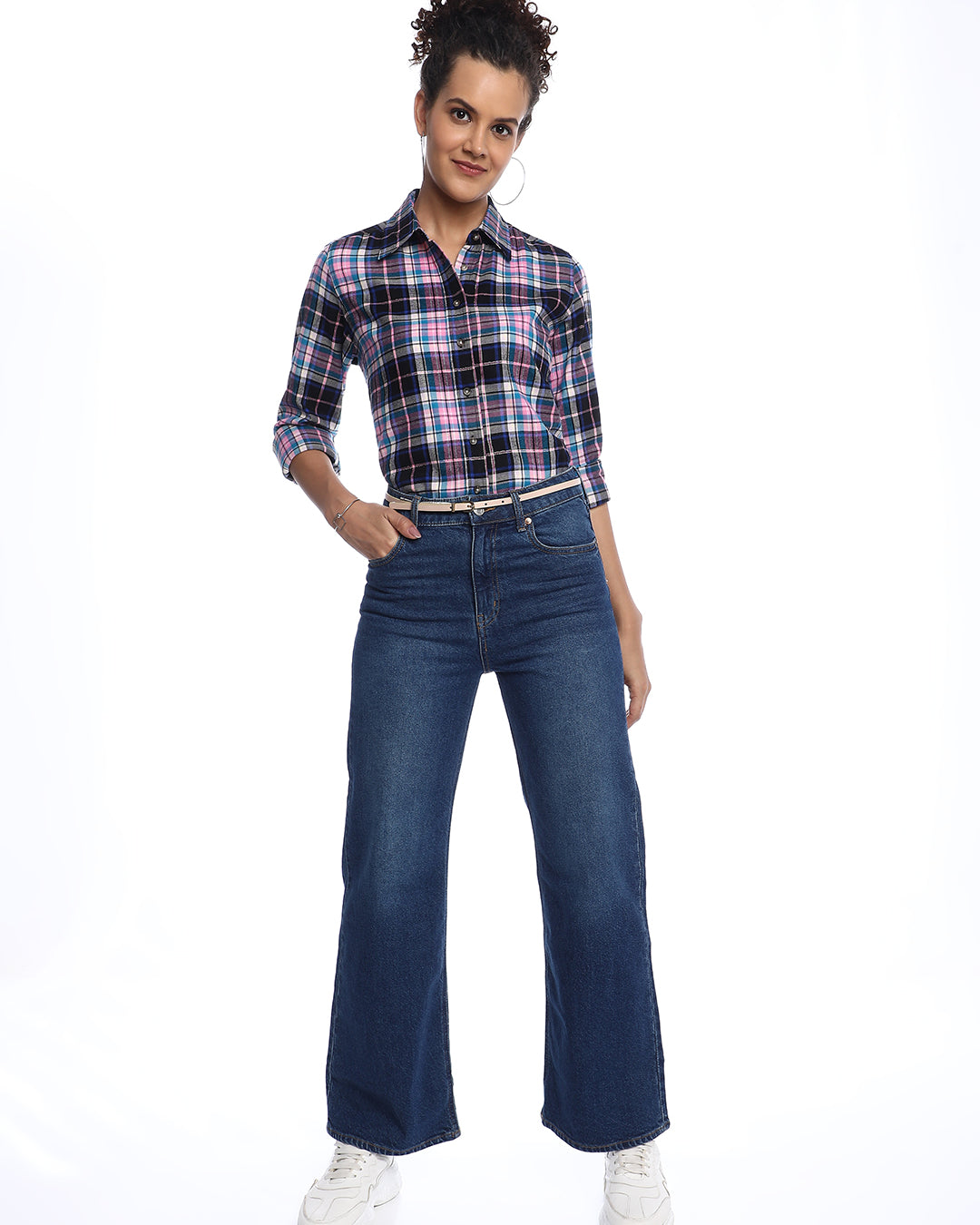 Beauty Pink & Black Checks Soft Cotton Modal Shirt for Women - Zurich Fit from GAZILLION - Stylised Standing Look