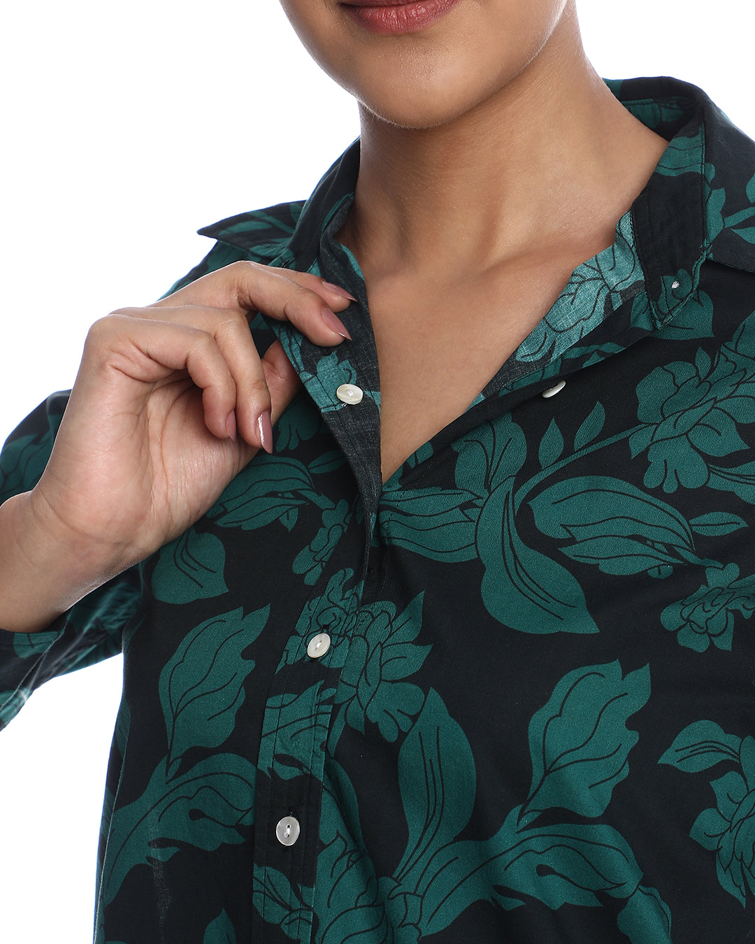 Beca Dark Green Floral Print Cotton Shirt for Women - Zurich Fit from GAZILLION - Dignity Button Detail