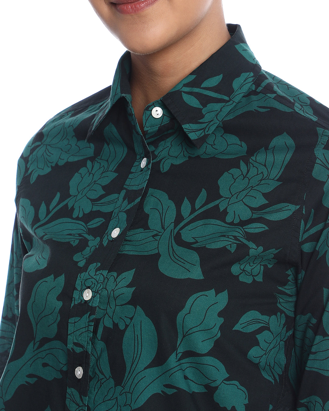 Beca Dark Green Floral Print Cotton Shirt for Women - Zurich Fit from GAZILLION - Front Detail