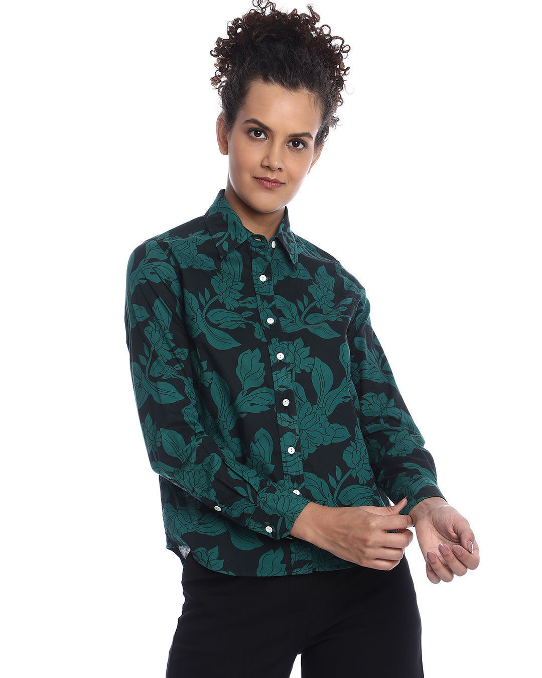 Beca Dark Green Floral Print Cotton Shirt for Women - Zurich Fit from GAZILLION - Front Look