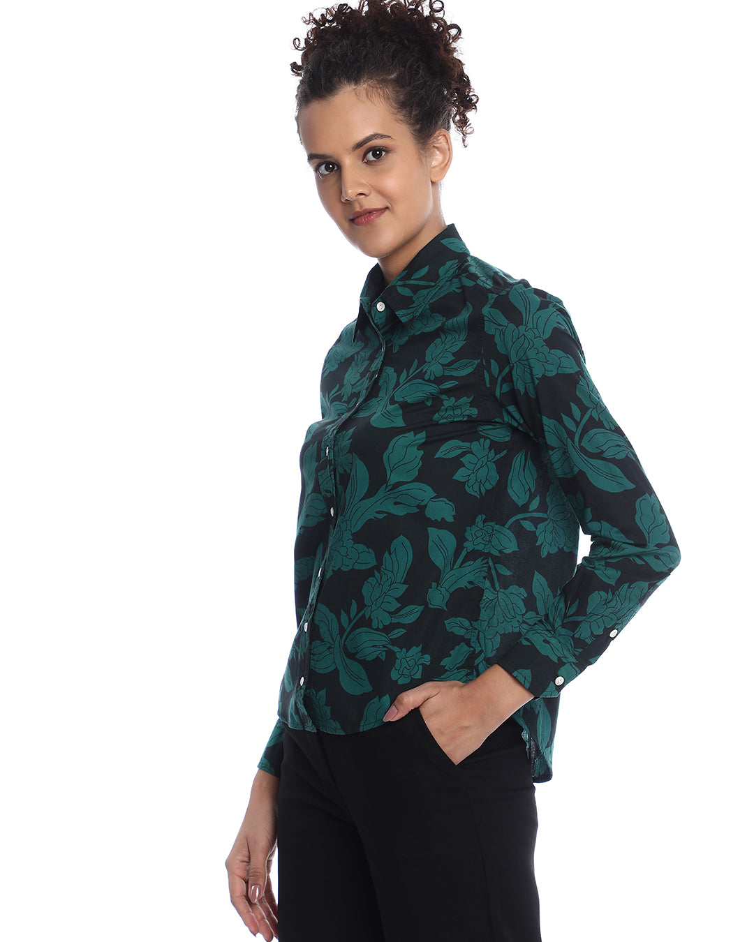 Beca Dark Green Floral Print Cotton Shirt for Women - Zurich Fit from GAZILLION - Left Side Look