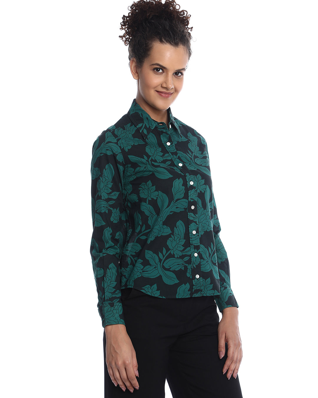 Beca Dark Green Floral Print Cotton Shirt for Women - Zurich Fit from GAZILLION - Right Side Look