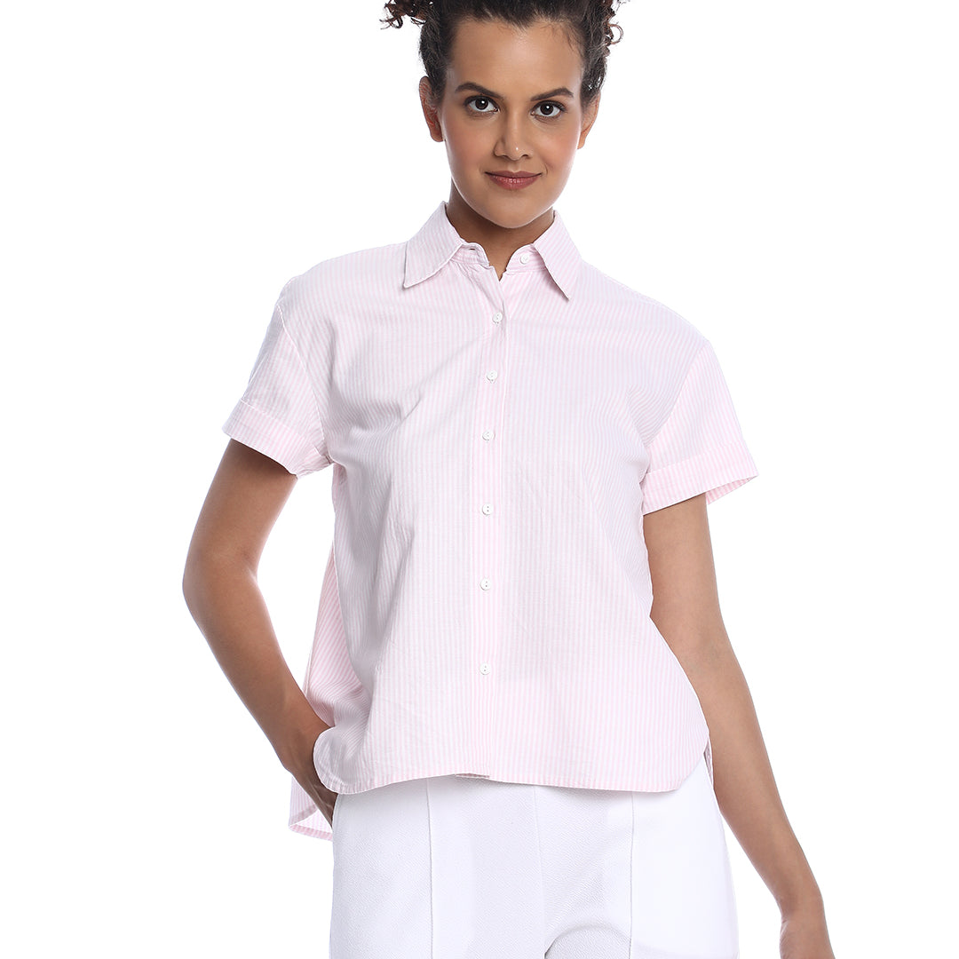 Becky Pink & White Striped Oxford Cotton Boxy Shirt for Women - Madrid Fit from GAZILLION - Front Look
