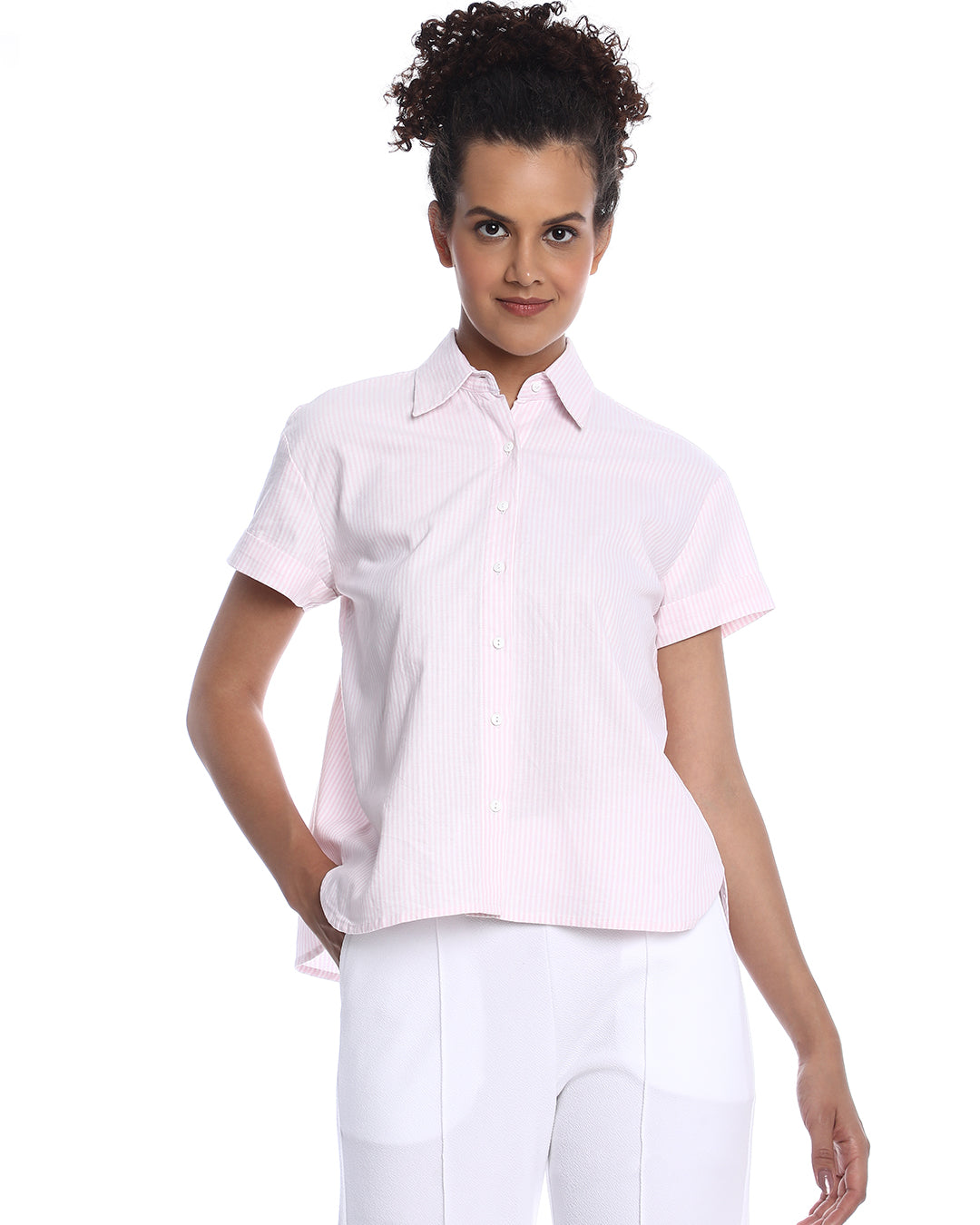 Becky Pink & White Striped Oxford Cotton Boxy Shirt for Women - Madrid Fit from GAZILLION - Front Look