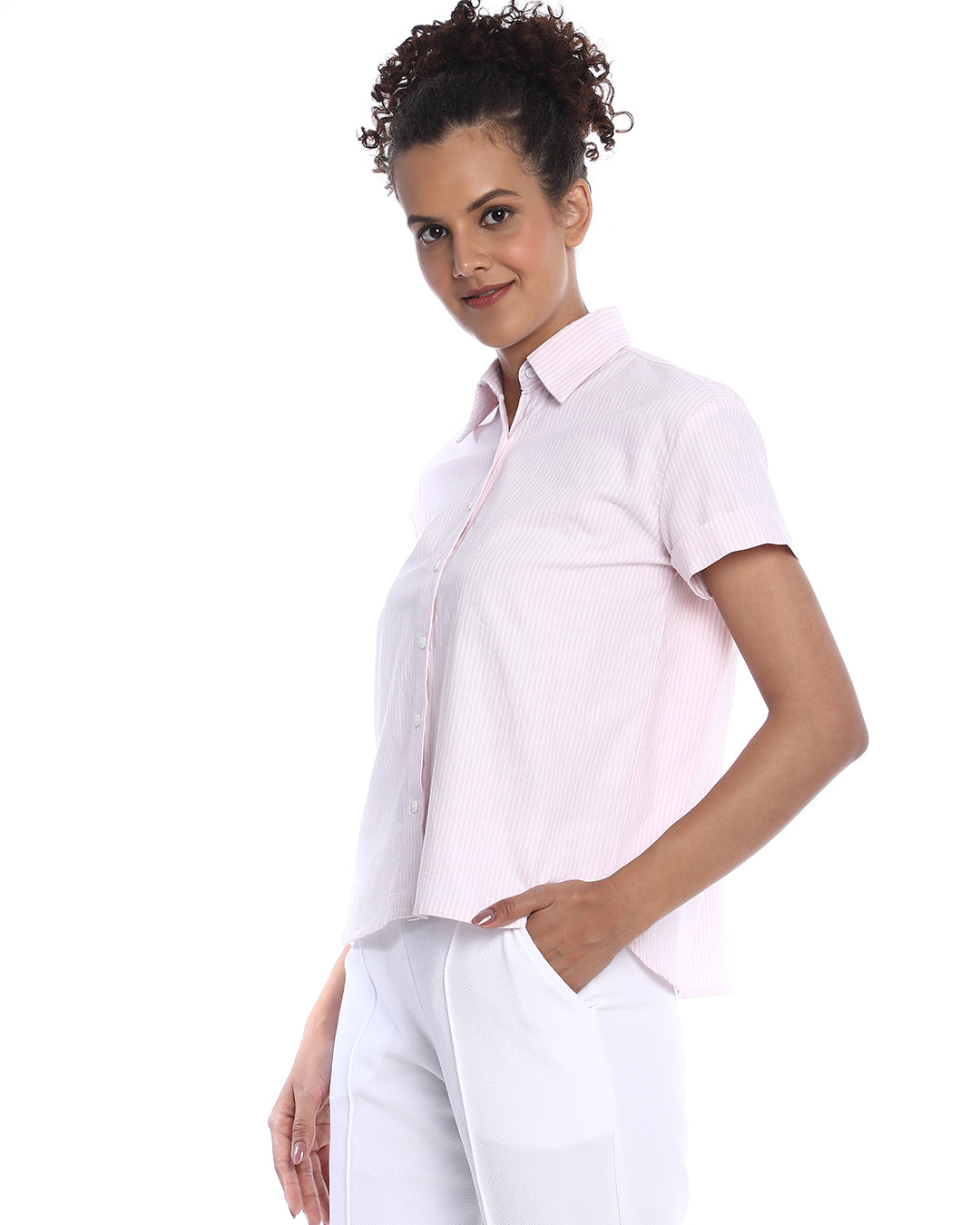 Becky Pink & White Striped Oxford Cotton Boxy Shirt for Women - Madrid Fit from GAZILLION - Left Side Look