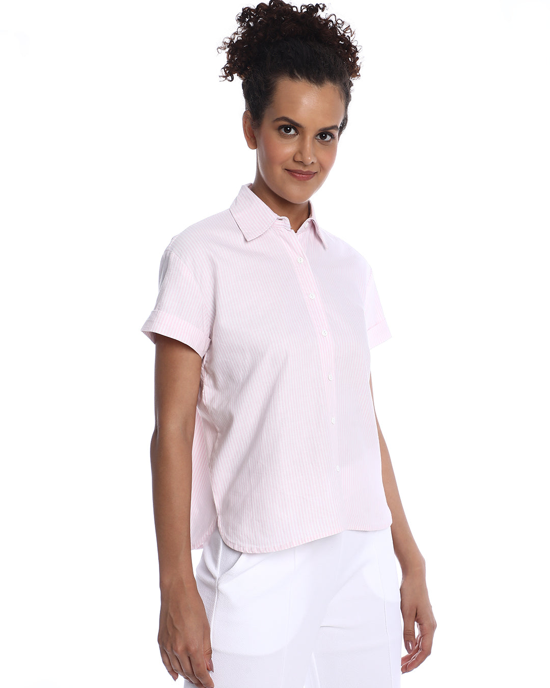 Becky Pink & White Striped Oxford Cotton Boxy Shirt for Women - Madrid Fit from GAZILLION - Right Side Look