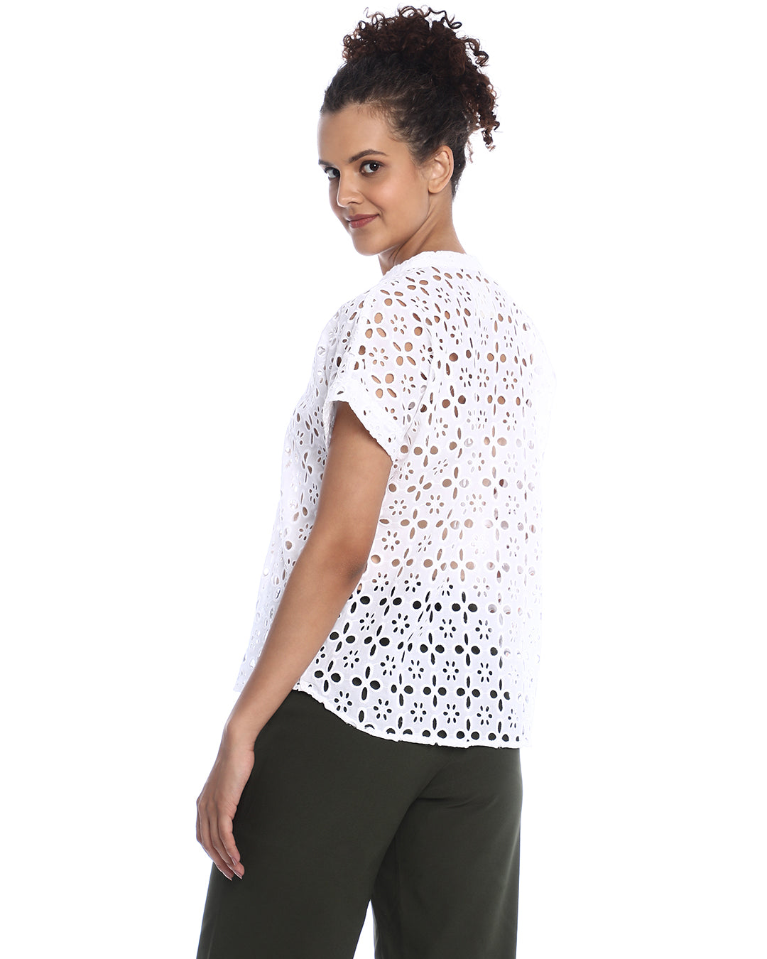 Belinda White Cotton Schiffli Loose Shirt for Women - Barcelona Fit from  GAZILLION - Back Side Look