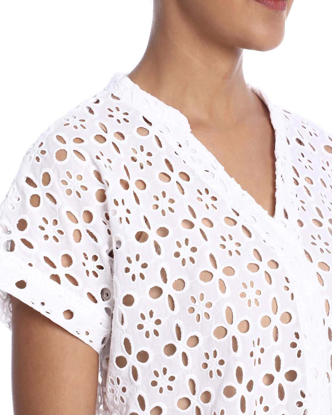 Belinda White Cotton Schiffli Loose Shirt for Women - Barcelona Fit from GAZILLION - Fabric Detail