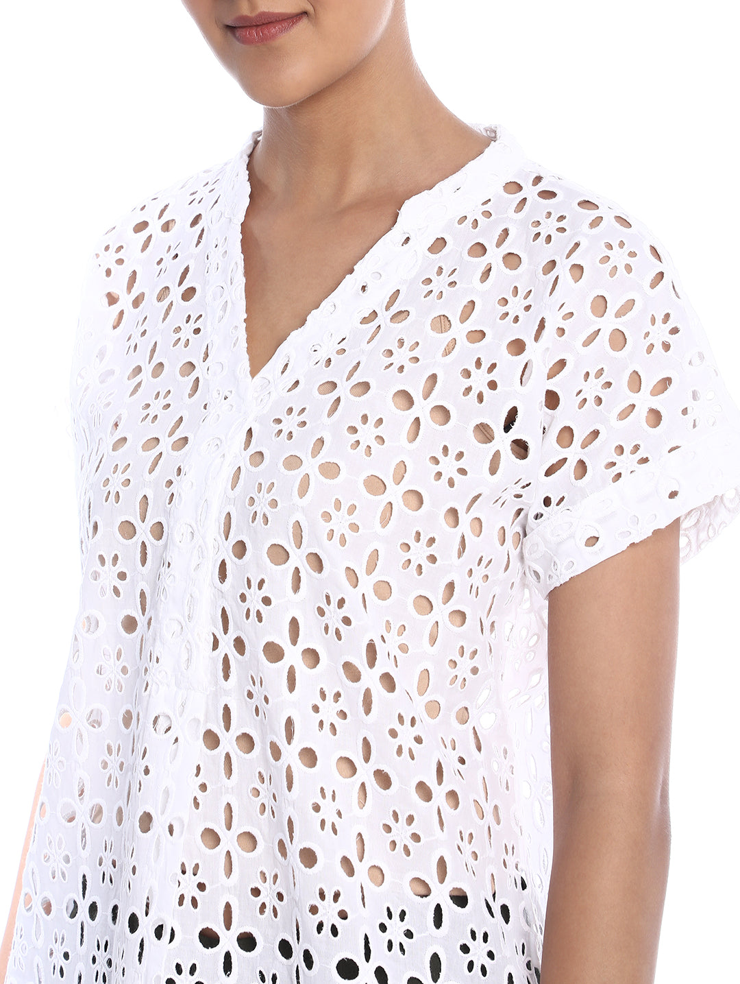 Belinda White Cotton Schiffli Loose Shirt for Women - Barcelona Fit from GAZILLION - Front Detail