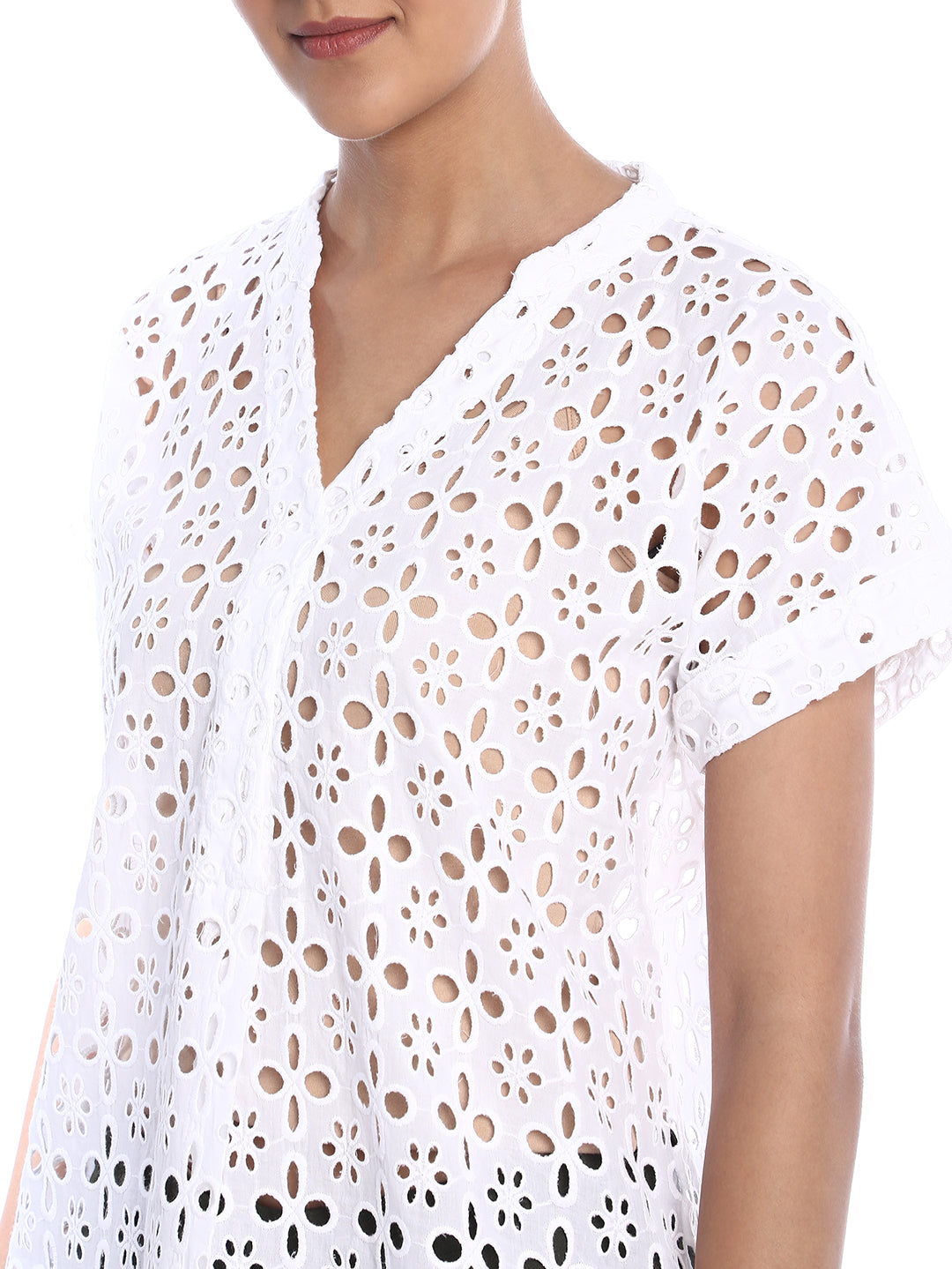 Belinda White Cotton Schiffli Loose Shirt for Women - Barcelona Fit from GAZILLION - Front Detail