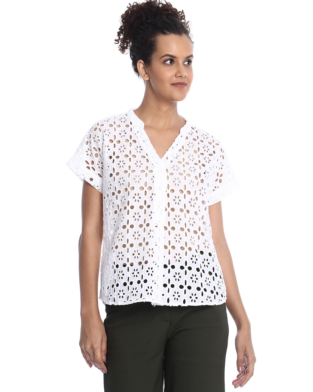 Belinda White Cotton Schiffli Loose Shirt for Women - Barcelona Fit from  GAZILLION - Front Look