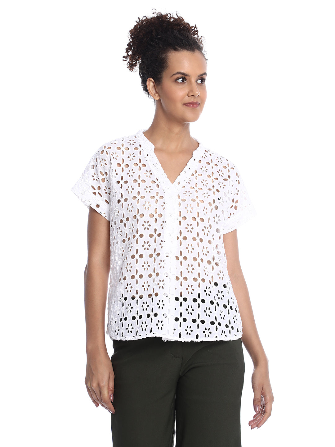 Belinda White Cotton Schiffli Loose Shirt for Women - Barcelona Fit from GAZILLION - Front Look