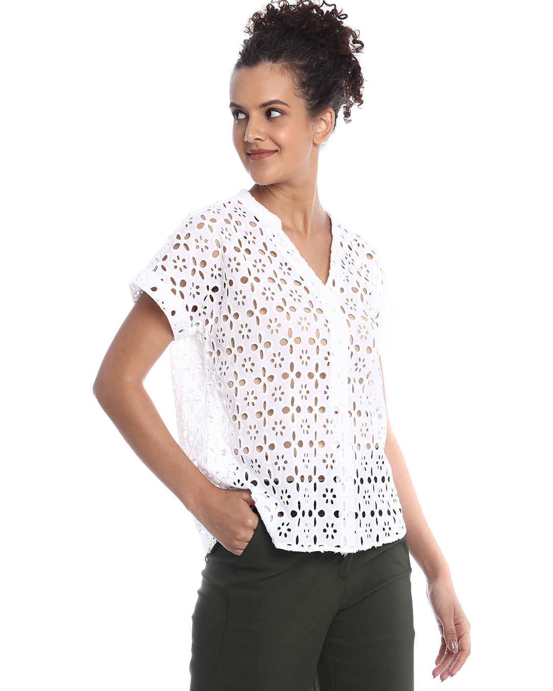 Belinda White Cotton Schiffli Loose Shirt for Women - Barcelona Fit from GAZILLION - Right Side Look