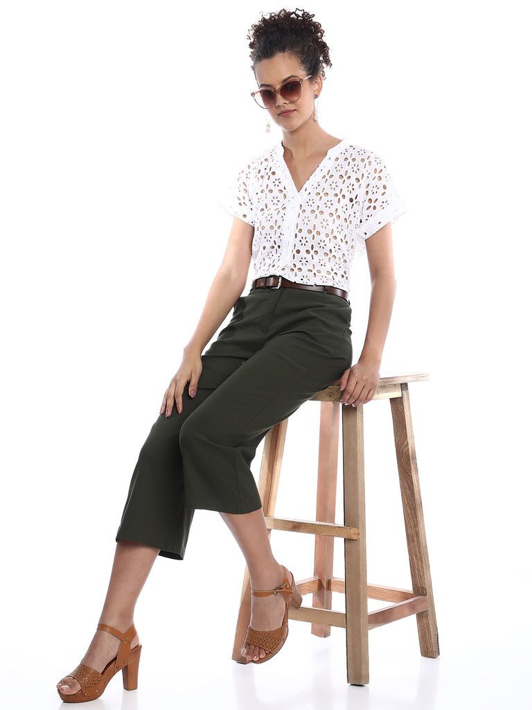 Belinda White Cotton Schiffli Loose Shirt for Women - Barcelona Fit from GAZILLION - Stylised Seated Look