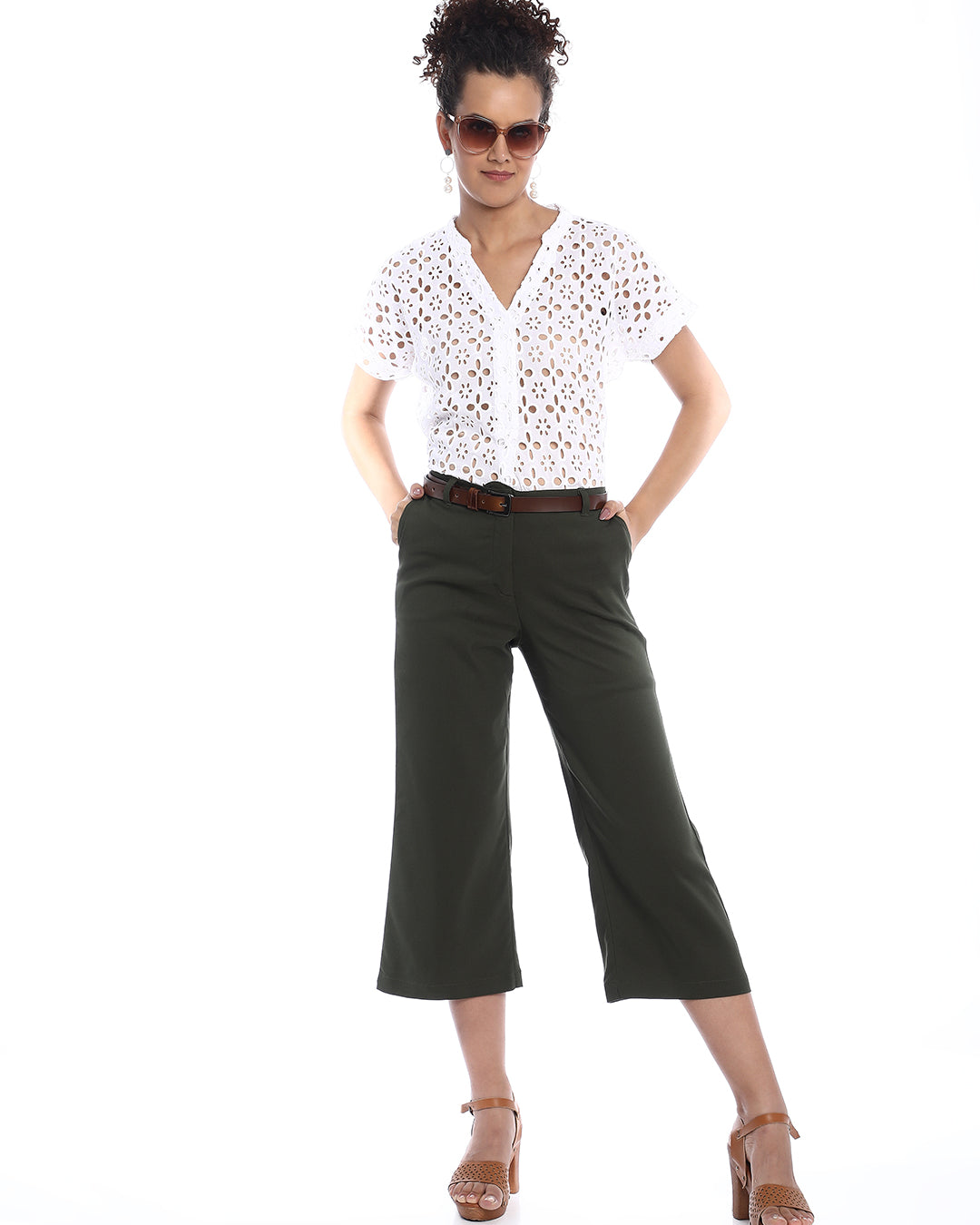 Belinda White Cotton Schiffli Loose Shirt for Women - Barcelona Fit from GAZILLION - Stylised Standing Look