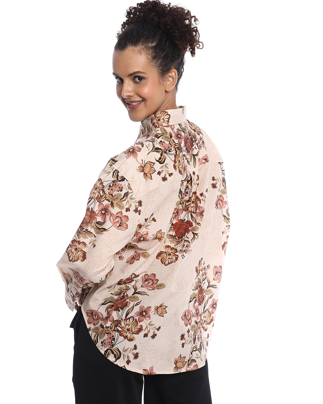 Bellora Beige Floral Print Cotton Oversized Shirt for Women - Brussels Fit from GAZILLION - Back Look
