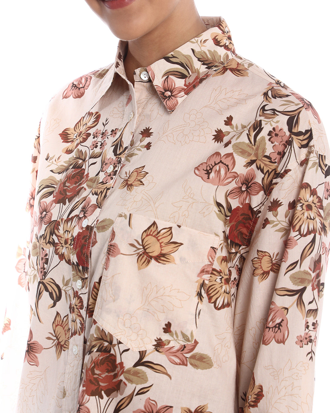 Bellora Beige Floral Print Cotton Oversized Shirt for Women - Brussels Fit from GAZILLION - Front Detail