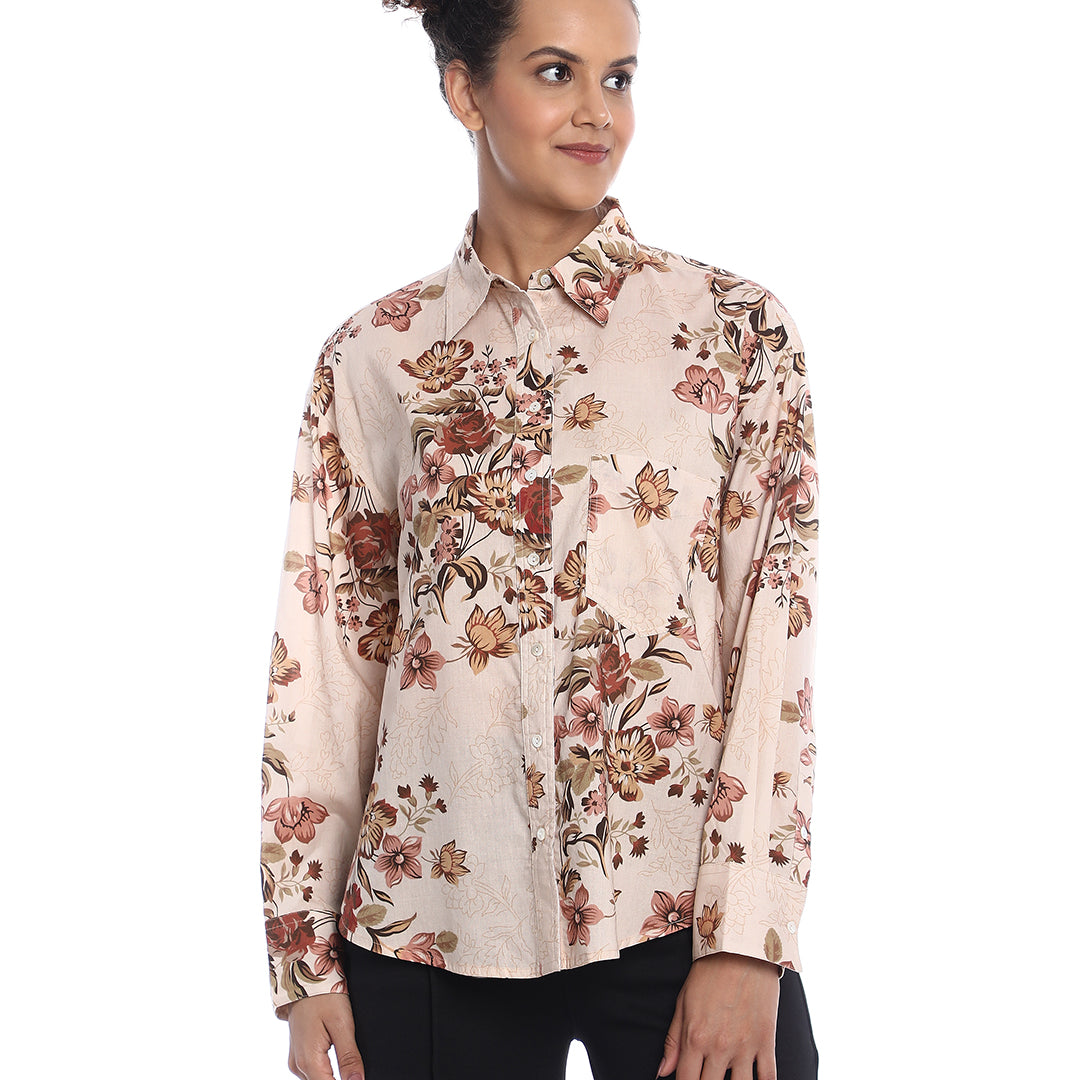 Bellora Beige Floral Print Cotton Oversized Shirt for Women - Brussels Fit from GAZILLION - Front Look