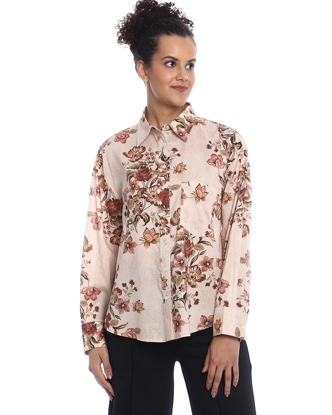 Bellora Beige Floral Print Cotton Oversized Shirt for Women - Brussels Fit from GAZILLION - Front Look