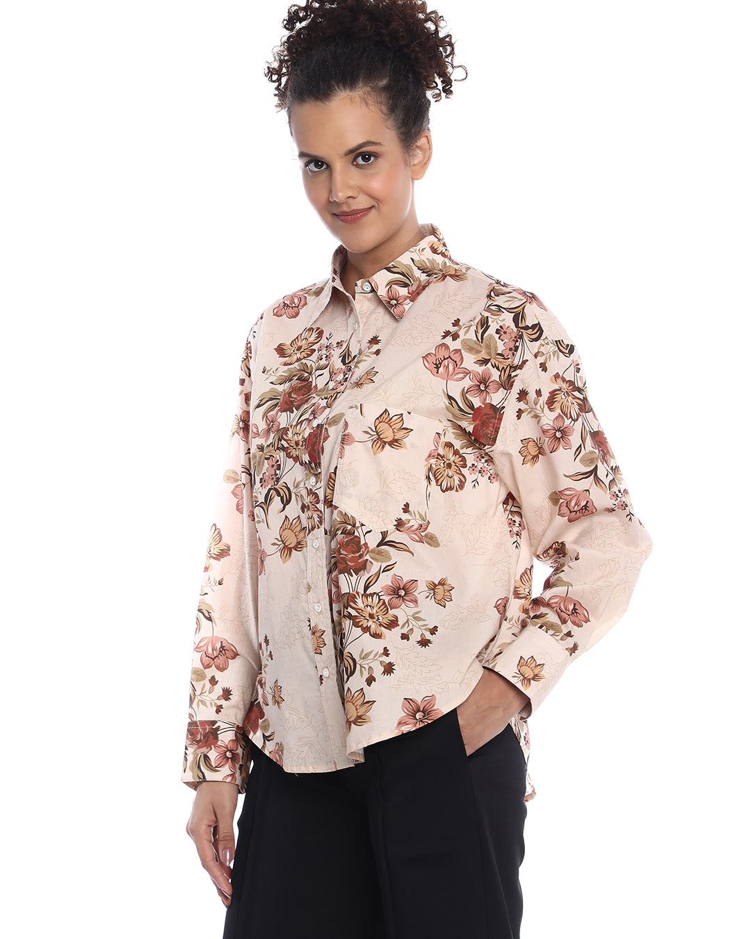 Bellora Beige Floral Print Cotton Oversized Shirt for Women - Brussels Fit from GAZILLION - Left Side Look