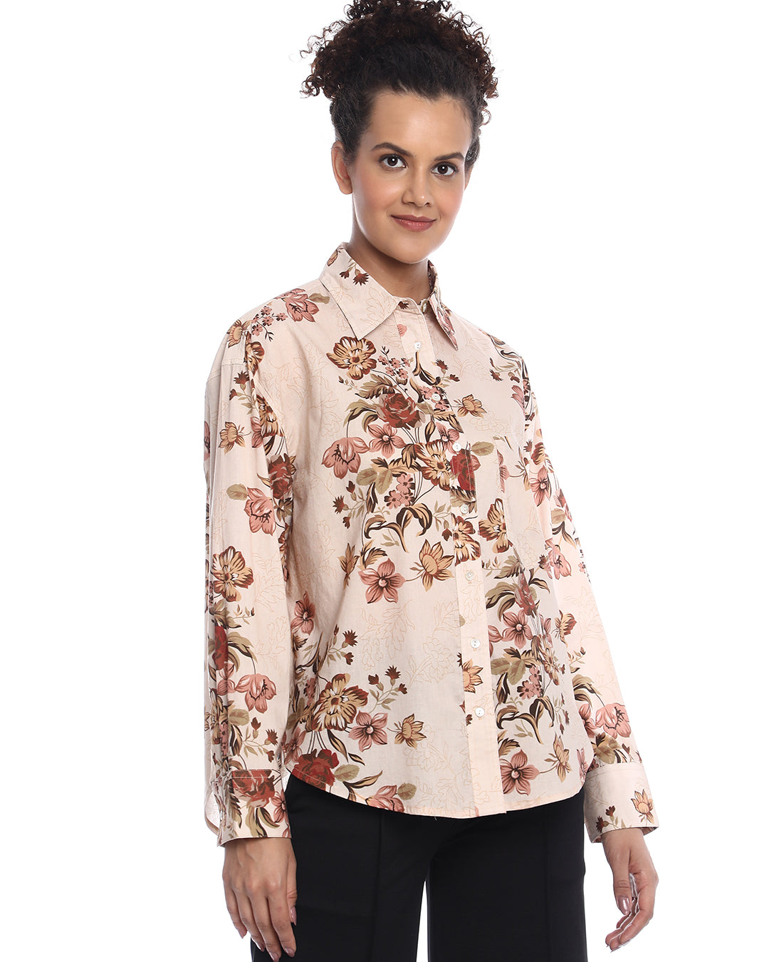 Bellora Beige Floral Print Cotton Oversized Shirt for Women - Brussels Fit from GAZILLION - Right Side Look