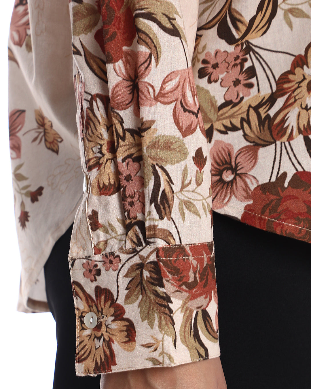 Bellora Beige Floral Print Cotton Oversized Shirt for Women - Brussels Fit from GAZILLION - Sleeve Detail