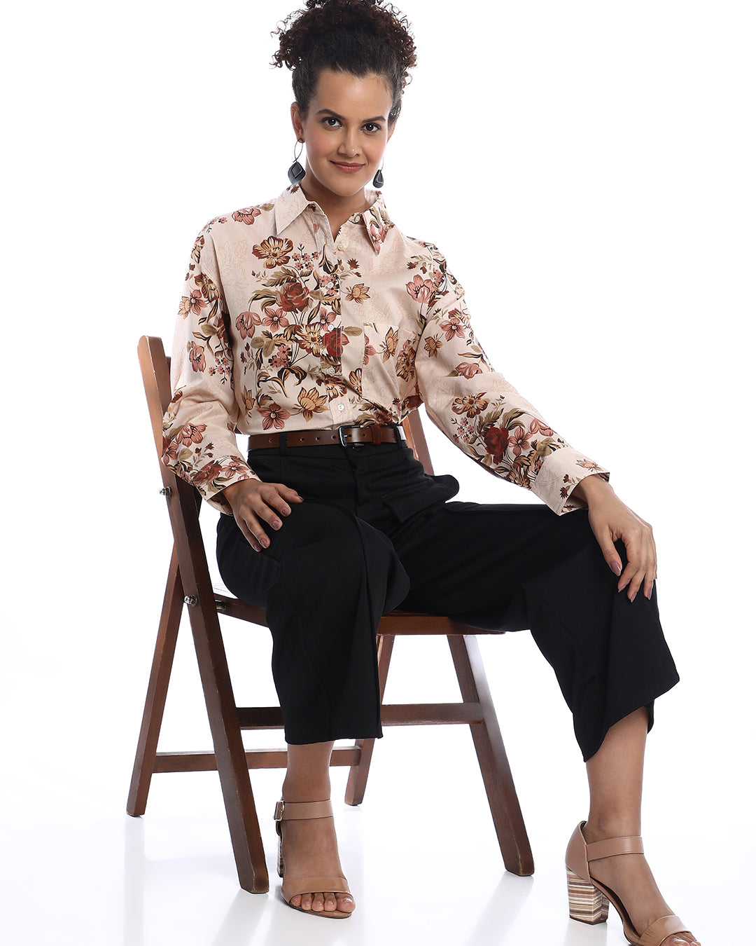 Bellora Beige Floral Print Cotton Oversized Shirt for Women - Brussels Fit from GAZILLION - Stylised Seated Look