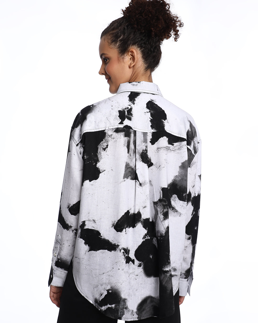 Benna Black & White Floral Print Viscose Linen Oversized Shirt for Women - Brussels Fit from GAZILLION - Back Look